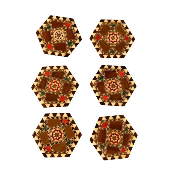 Wood Marquetry Inlay Mosaic Type Coaster Set Moroccan Style Hexagon Set of 6 - Picture 1 of 5